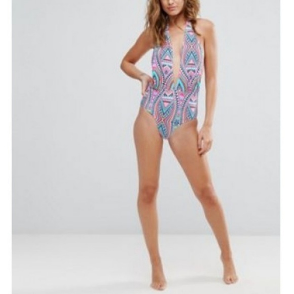 ASOS Aztec Plunge Neck Swimsuit Halter Pattern - Picture 8 of 8